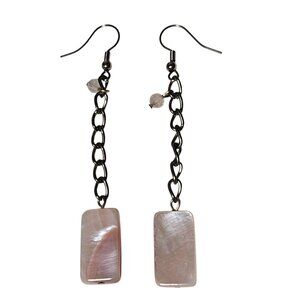 Elegant Pink Shell Rectangle Pendant Long Dangling Earrings Chain Detailing